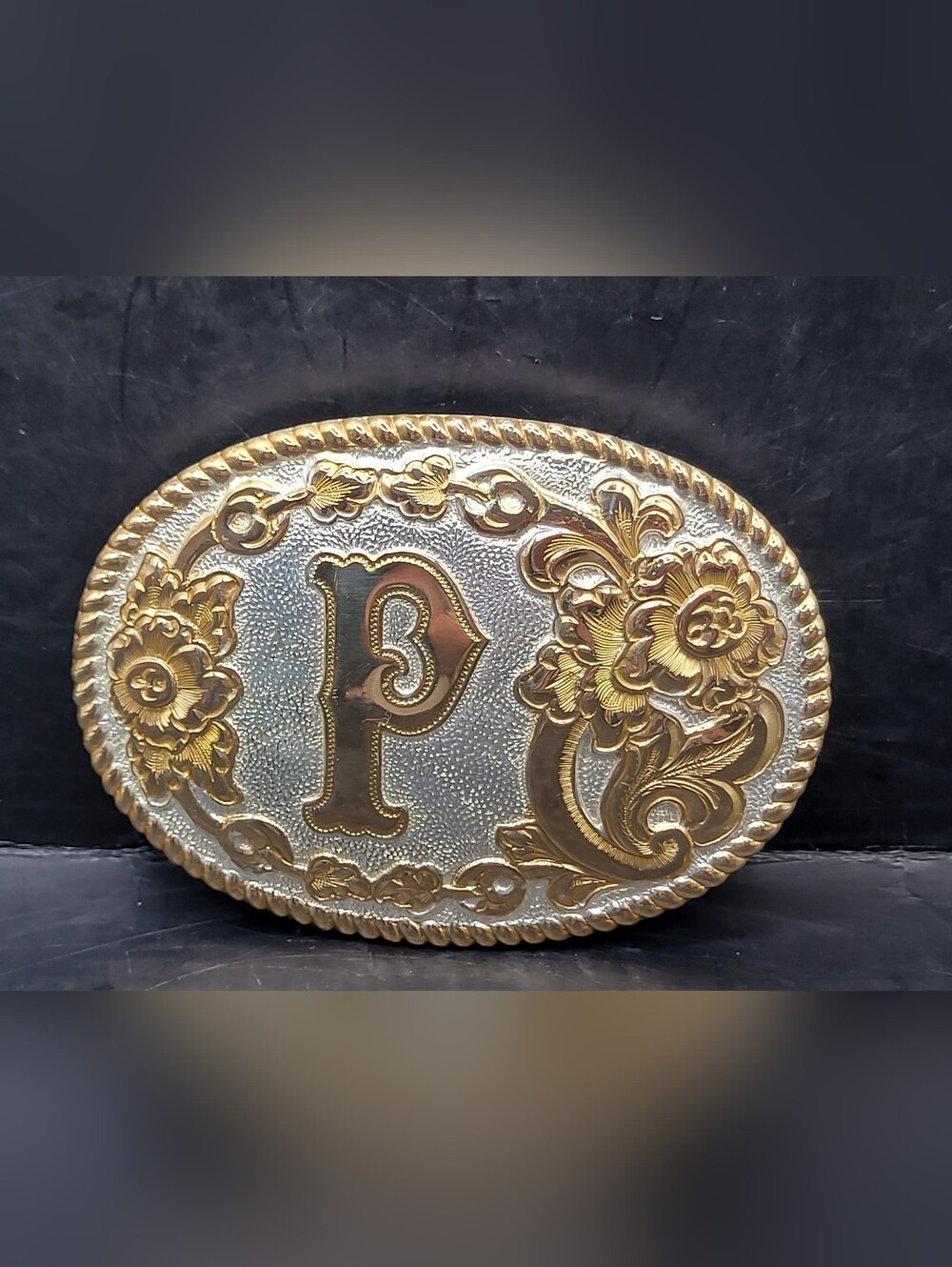 Vintage Crumrine Made In USA “P” Heavy Silver/Gold Plated Belt Buckle Bronze